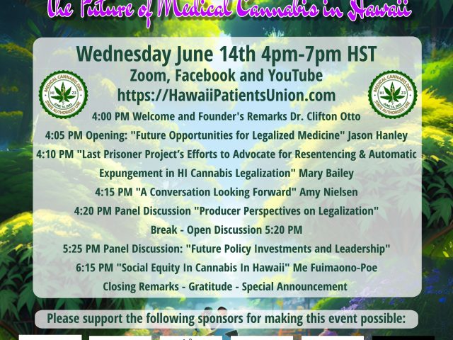 A colorful flyer about Medical Cannabis Day 2023 in Hawaii with an agenda, contact information and backdrop of cannabis trees and patients gathered together.